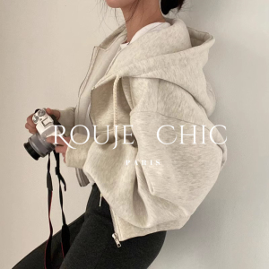 法国Rouje Chic法式慵懒风连帽卫衣女秋冬季短款简约纯色宽松外套