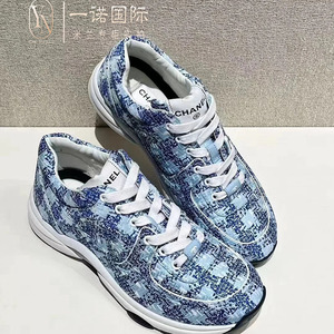 香奈儿（Chanel）女鞋24P新款淡蓝色格纹图案系带运动鞋跑步鞋