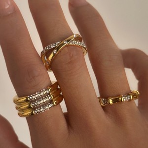 DASEIN ACC欧美小众设计ins博主款时髦复古镶钻钛钢金色戒指组合