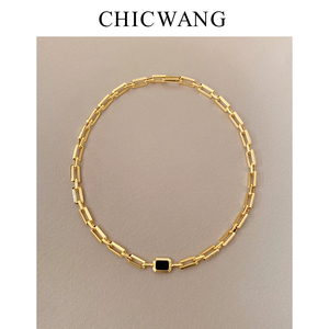 CHICWANG欧美时髦方形链条镶嵌天然黑玛瑙白贝母双面吊坠锁骨项链