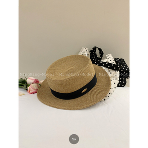 夏日海边度假风拉菲草帽黑织带高级感法式优雅女式帽子休闲遮阳帽
