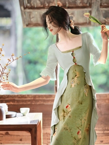 新中式绿色印花吊带连衣裙荷叶边针织开衫两件套套装修身裙中袖