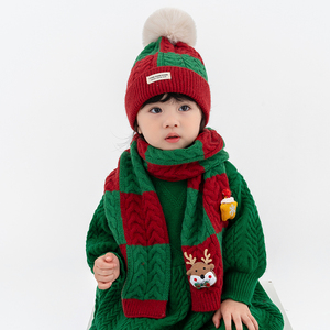 圣诞节儿童帽子秋冬季女童毛线帽套装男童针织帽围巾宝宝冬天保暖