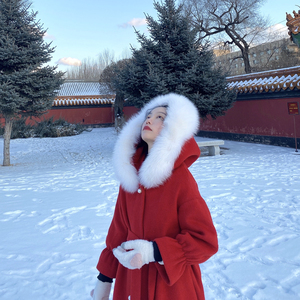 信仰日/圣诞小红帽汉元素复古砖红色狐狸毛领大帽子长款大衣外套