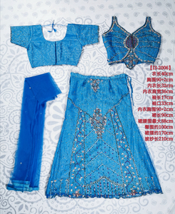 印度精选贵牌重工刺绣钉珠艳丽舒适上衣半身裙纱丽披纱三件套蓝色