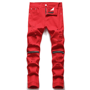 原创设计新款欧美风破洞弹力红色男式牛仔裤膝盖拉链修身潮裤1866