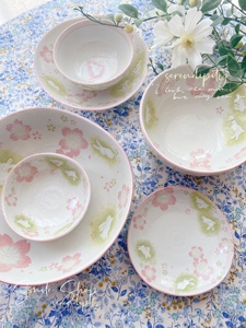 现货日本进口美浓烧陶瓷釉下彩吹雪樱花兔子餐具料理盘碗碟子面碗