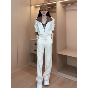 拉夏贝尔休闲运动套装女春季2024新款高端欧货漂亮假两件白色外套