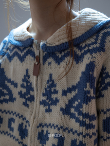 匡舟本色 复古vintage 冬日滑雪 蓝色氛围感费尔岛毛衣开衫针织衫