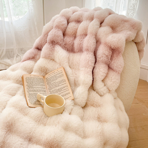 时尚渐变粉色托斯卡纳皮草毛毯加厚仿兔毛绒双层盖毯休闲毯子冬季
