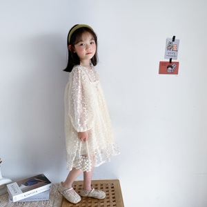 2023春夏新款韩版女童宝宝圆领长袖连衣裙儿童气质淑女公主蕾丝裙