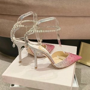 欧洲站CL代购绝美法式水晶粉色高跟鞋斩男设计感小众气质名媛凉鞋