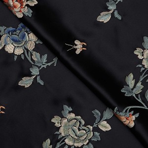 订单企划西服中式黑色纯真丝重磅桑蚕丝重工花卉刺绣服装布料