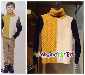 特价回馈EK冬季男童高领毛衣儿童拼接黄色灰色休闲针织衫支持验货