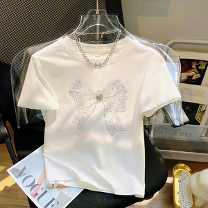 今年流行蝴蝶结烫钻短袖T恤女夏季2024新款独特别致小衫洋气上衣