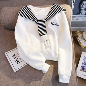 韩系条纹披肩白色卫衣女2024新款宽松短款两件设计小众小个子上衣