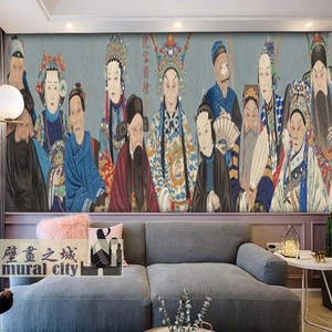 京剧戏曲人物墙纸复古风同光十三绝壁纸中国国粹曲艺墙布壁画背景