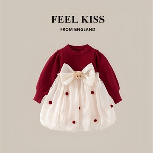 英国Feelkiss女童连衣裙春秋新款洋气周岁礼服抓周儿童公主裙秋冬