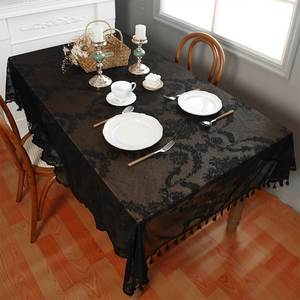 法式浪漫小流苏蕾丝桌布家用长方形餐桌垫茶几装饰台布黑色白色