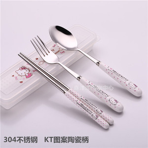 304不锈钢hellokitty 陶瓷餐具筷子勺子学生情侣便携餐具旅行盒装