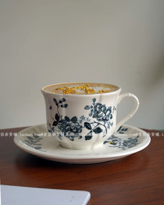 法式复古花卉陶瓷咖啡杯碟下午茶花茶杯拿铁拉花杯中古餐具美式杯