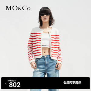 MOCO金属扣条纹针织衫短款毛织外套红色毛衣法式上衣女