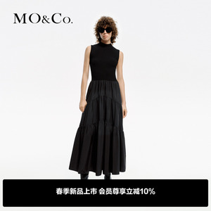 MOCO2024春新品小高领针织拼接高腰蛋糕裙黑色连衣裙MBD1DRS018