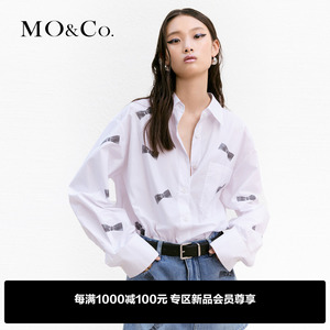 MOCO做旧蝴蝶结印花棉质长袖宽松白色衬衫外套设计感小众