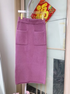 冬SeLiY紫色口袋中长款高腰包臀修身针织半身裙毛线直筒一步长裙