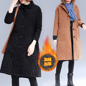 秋冬季韩版夹棉灯芯绒棉衣女中长款时尚贴布口袋加厚条绒棉服外套