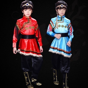新款儿童演出服少儿少数民族舞台服蒙古族藏族赫哲族男童表演服饰