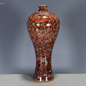 老物件古董收藏明清古典古玩老窑瓷橘红釉窑变细腰梅瓶花瓶摆件