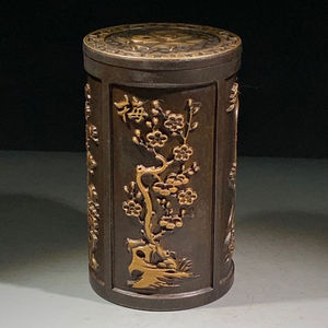 大清乾隆年制黄铜鎏金梅兰竹菊香筒盒子摆件古玩杂项收藏铜器收藏