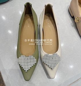 PAZZION新加坡代购女装新款纯色羊皮低跟鞋 镶珠爱心柔软粗跟单鞋