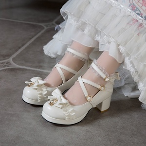 芙拉小姐白色lolita高跟鞋粗跟花嫁优雅lo原创洛丽塔鞋子小皮鞋