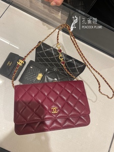 Chanel/香奈儿2024女士酒红色金扣珐琅扣链条Woc挎包手包