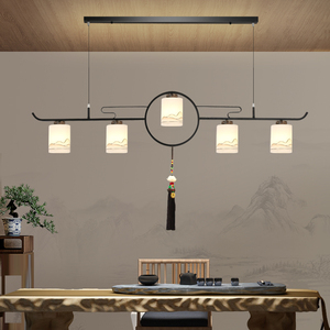 新中式餐厅吊灯中国风禅意办公室茶室吧台山水创意玻璃罩长条吊灯