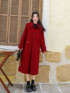 红色双面羊绒大衣女冬中长款韩版减龄可拆卸双层娃娃领毛呢子外套