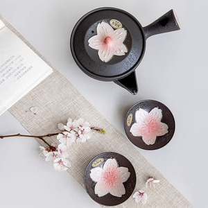日本进口有田烧黑珍珠釉粉色樱花侧把手日式急须泡茶壶茶杯套装