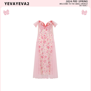 YEVA 2024新款春夏法式仙女裙纱网缎面印花鱼骨连衣裙新品礼服裙