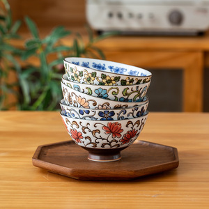 日本进口陶瓷米饭碗五个套装千代源色绘草花高脚碗釉下彩日式餐具