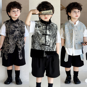 夏季新中式儿童马甲 男童唐装汉服套装 国潮复古背心儿童上衣外套