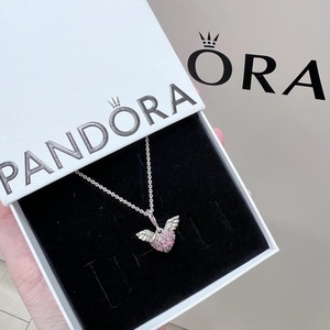 Pandora潘多拉粉色pave密镶天使之翼爱心项链398505C02女生礼物