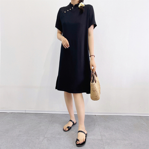 韩版棉绸连衣裙女夏季宽松显瘦黑色短袖长裙立领套头纯色修身旗袍
