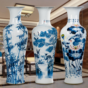 景德镇陶瓷器花瓶 客厅落地摆件中式手绘松鹤荷花白色大号瓷瓶1米