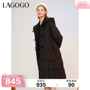 Lagogo拉谷谷2023冬季新款高级感黑色连帽中长款羽绒服女宽松加厚