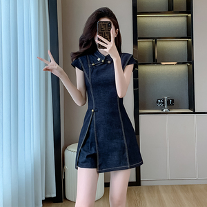 韩国chic新中式国风牛仔两件套女装时尚修身盘扣短袖连衣裙+短裤