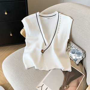 韩国chic重工钉珠设计感V领针织马甲夏季短款修身小个子上衣女装
