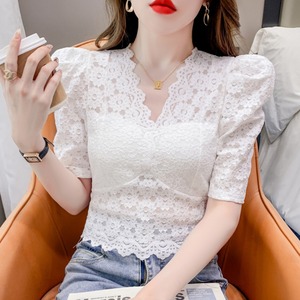 韩国chic法式设计感镂空V领蕾丝衫名媛风气质修身显瘦短袖上衣女