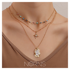 Norns爱心形恶魔之眼六芒星异形仿金属镶嵌巴洛克珍珠多层项链